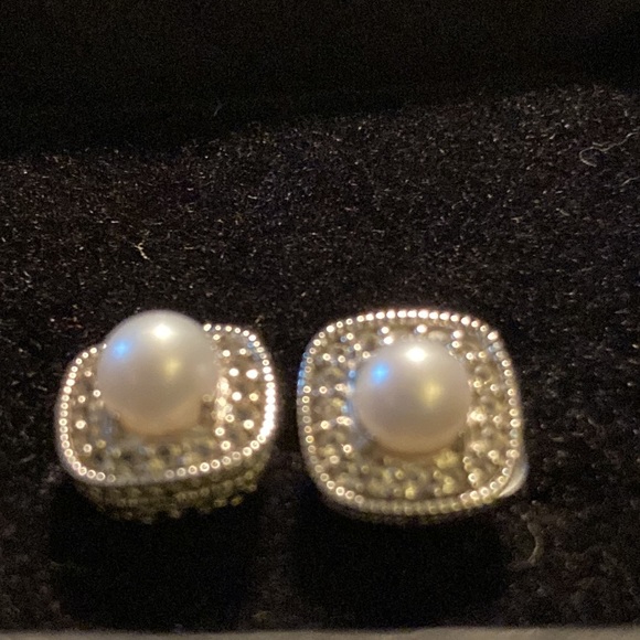 Pearl and diamond earrings, square setting .925 silver. - Picture 3 of 3